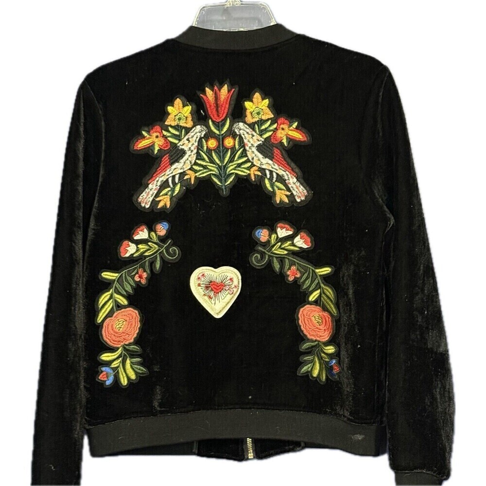 Vintage Metisu Women's Sz Small Velvet Embroidered Jacket Zip Flowers Bees - Picture 2 of 3